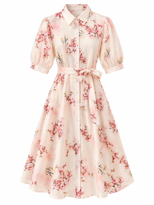 Blush Pink Cherry Blossom Printed Shirt Midi Dress