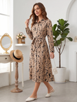 Mywestern Beige Animal Print Shirt Dress for Women