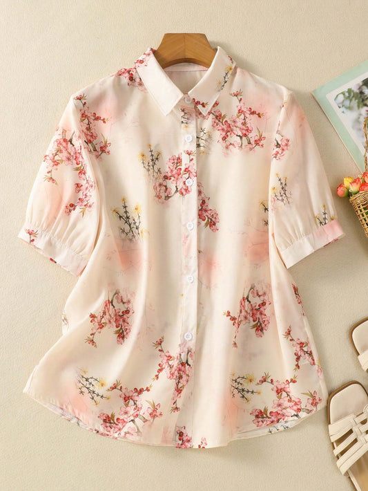 MyWestern Pink Floral Print Button-Down Shirt Top for Women