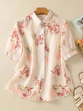 MyWestern Pink Floral Print Button-Down Shirt Top for Women