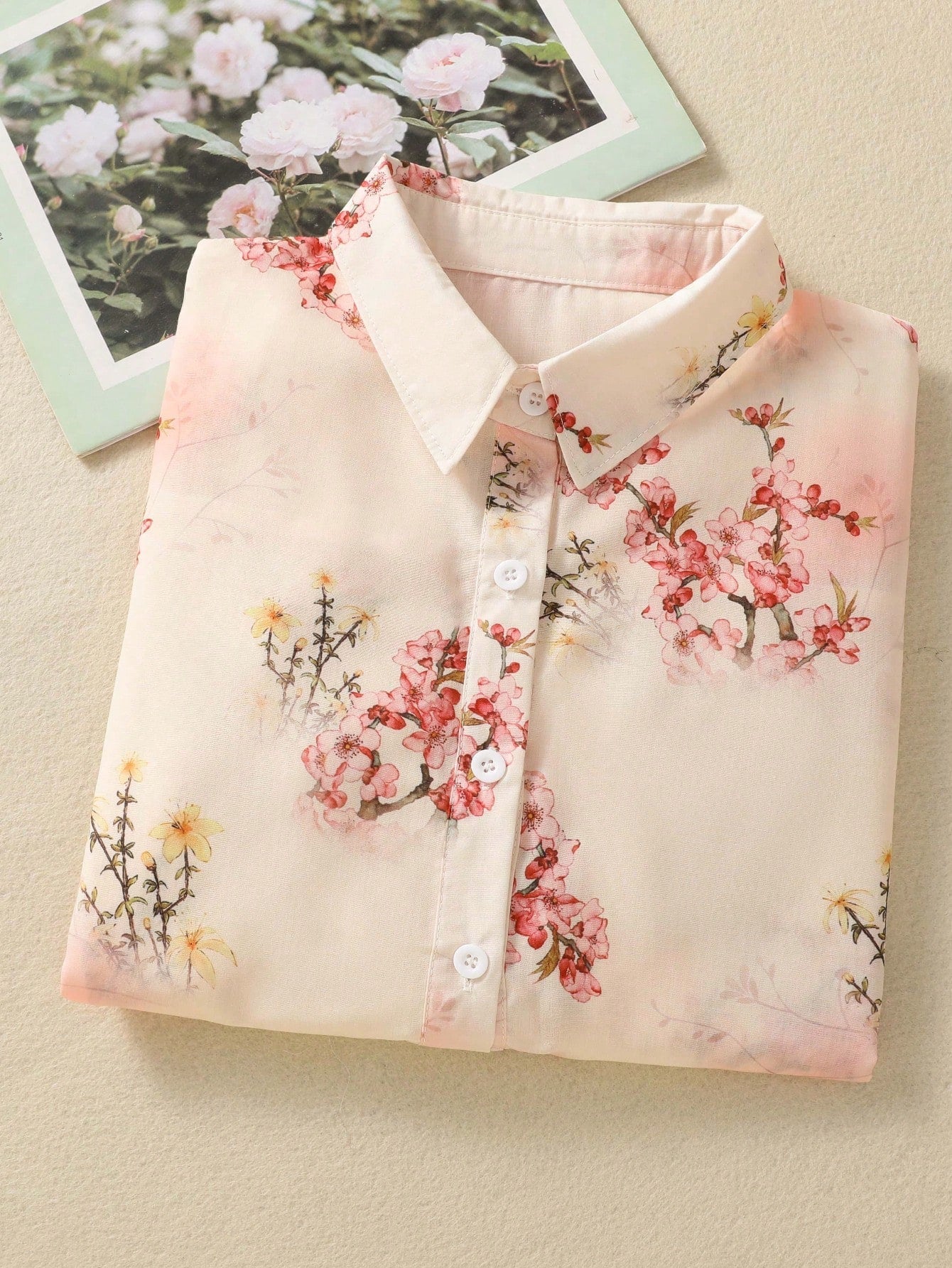 MyWestern Pink Floral Print Button-Down Shirt Top for Women