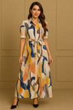 MyWestern Abstract Print Belted Maxi Shirt Dress for Women