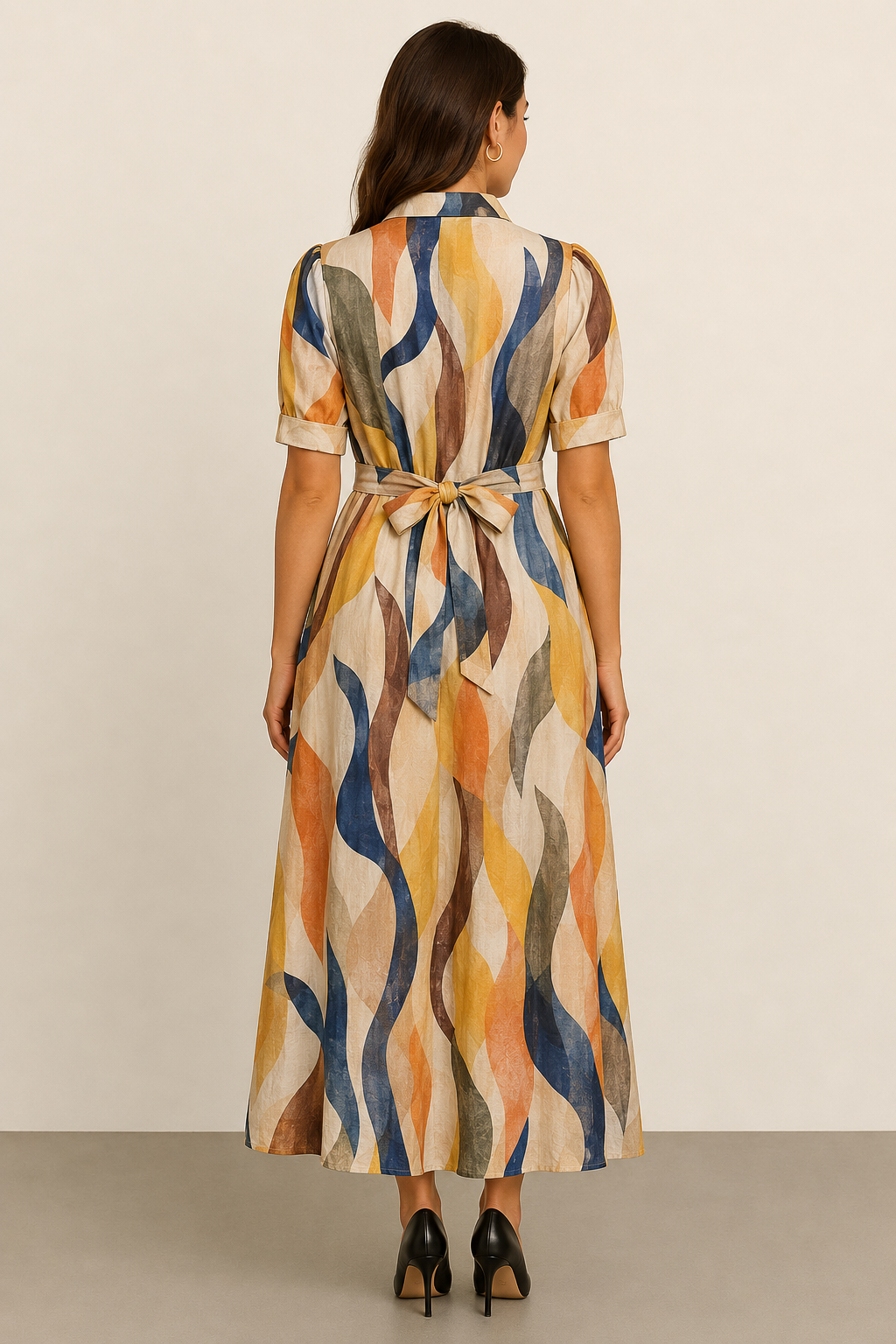 MyWestern Abstract Print Belted Maxi Shirt Dress for Women