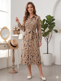 Mywestern Beige Animal Print Shirt Dress for Women