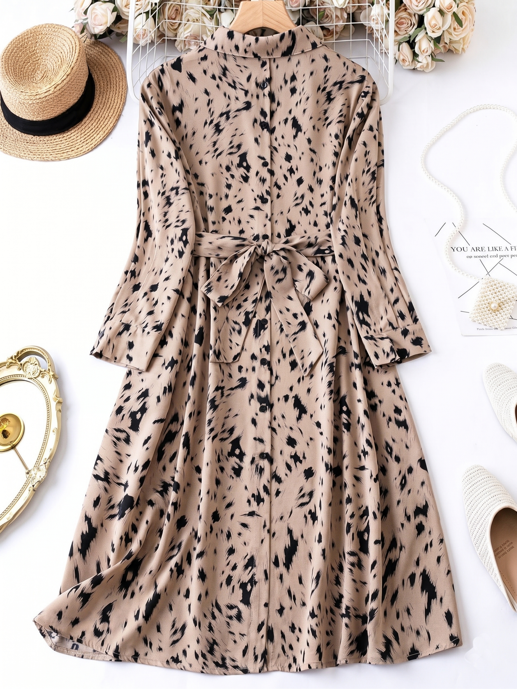 Mywestern Beige Animal Print Shirt Dress for Women