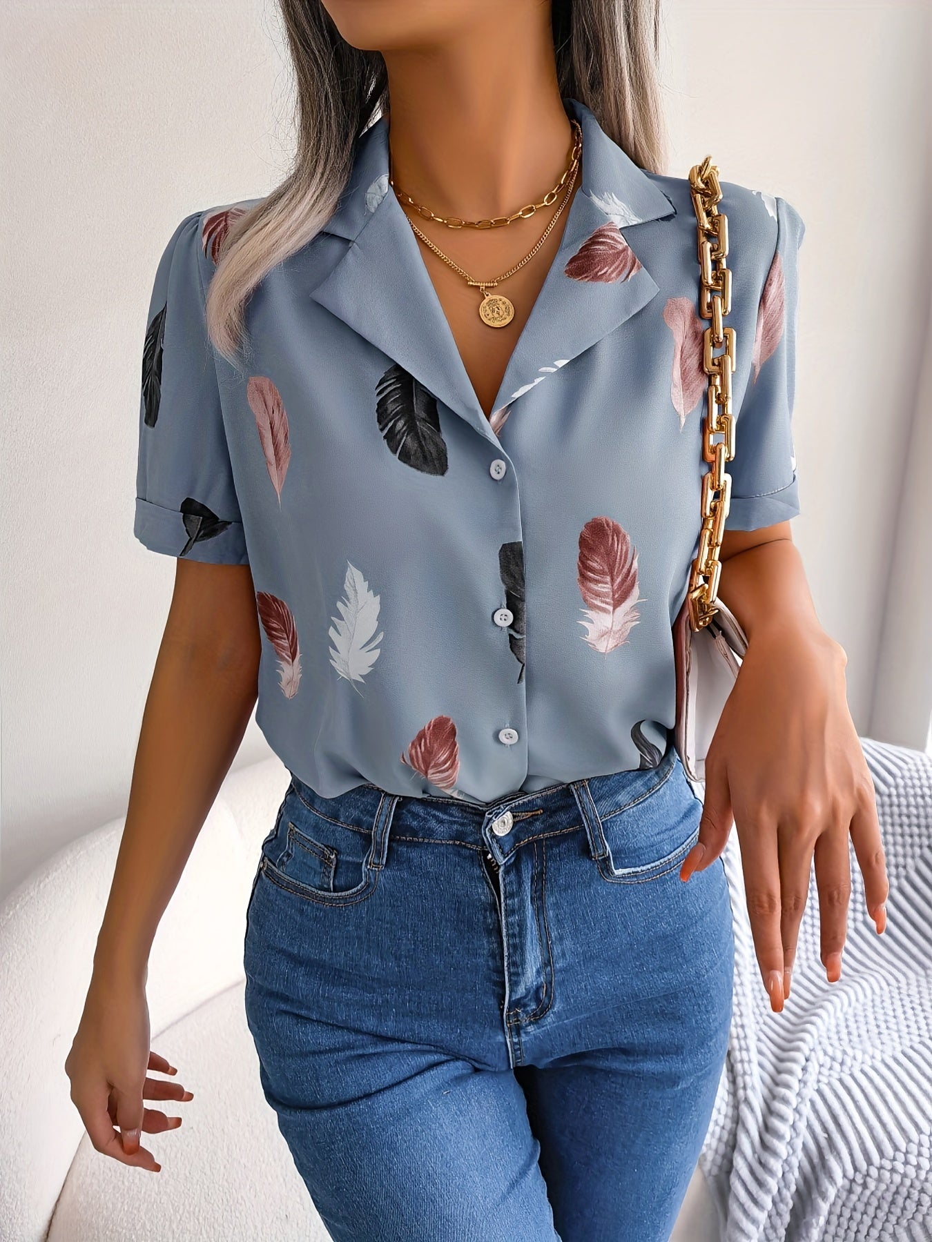 MyWestern Feather Print Light Blue Shirt My Western