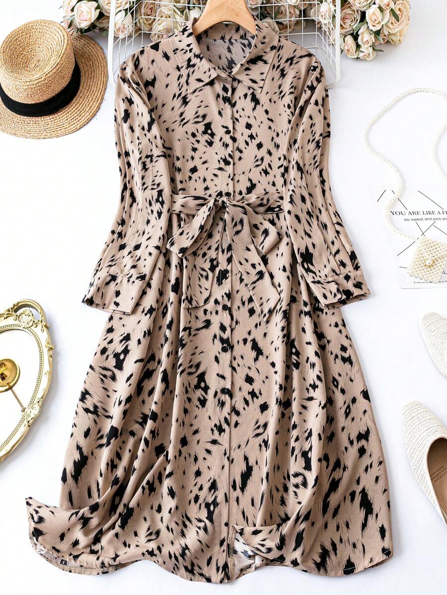 Mywestern Beige Animal Print Shirt Dress for Women