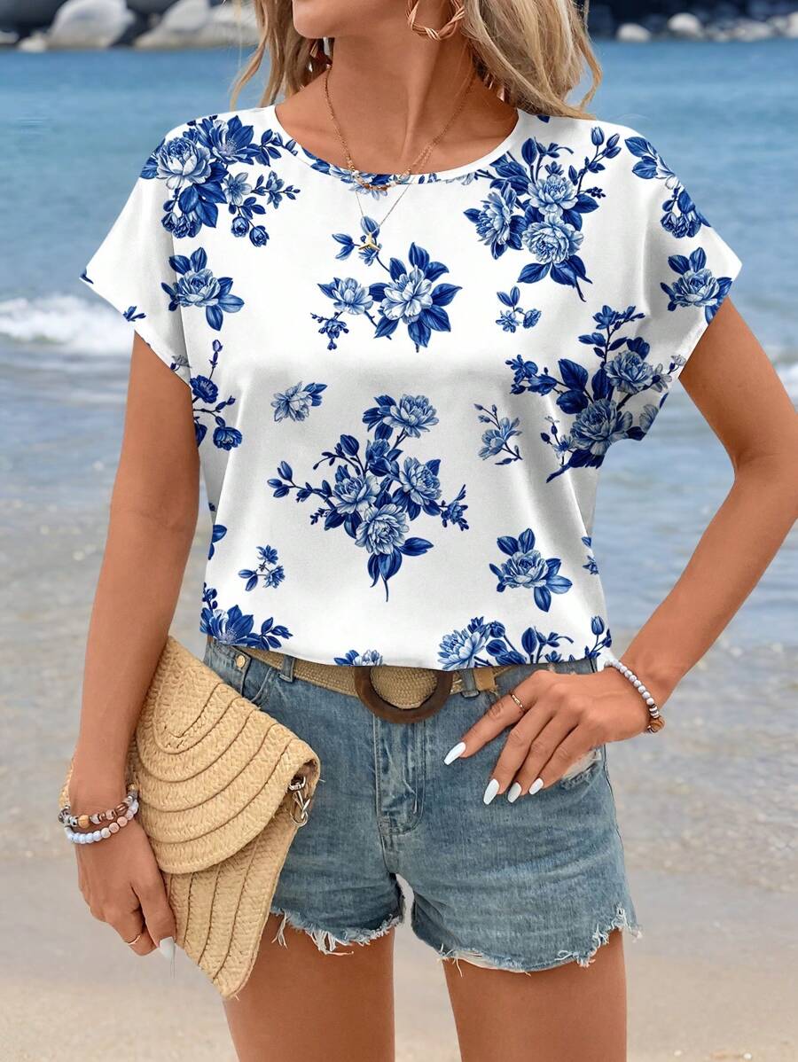 MyWesternMulticolor Soft Fabric Floral Print Rolled-Up Short Sleeves Round Neckline Relaxed Fit Top For Women & Girls WesternLove
