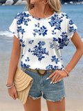 MyWesternMulticolor Soft Fabric Floral Print Rolled-Up Short Sleeves Round Neckline Relaxed Fit Top For Women & Girls WesternLove