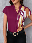MyWesternMaroon Artistic Abstract Print Rolled-Up Short Sleeves Round Neck Top WesternLove