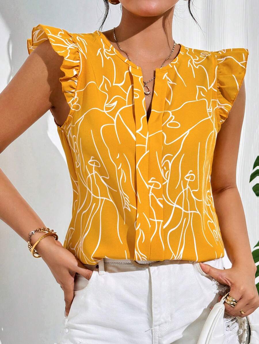 MyWesternYellow Soft Fabric Abstract Stripe Print Rolled-Up Short Sleeves Round Neckline Relaxed Fit Top For Women WesternLove