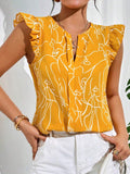 MyWesternYellow Soft Fabric Abstract Stripe Print Rolled-Up Short Sleeves Round Neckline Relaxed Fit Top For Women WesternLove