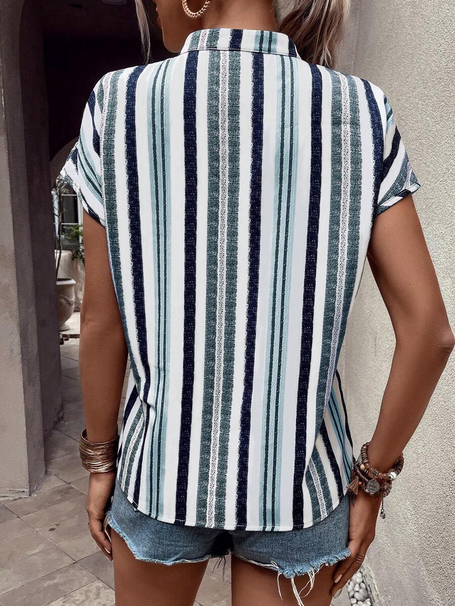 MyWesternMulticolor Striped Print Notched Neck Short Sleeve Top WesternLove