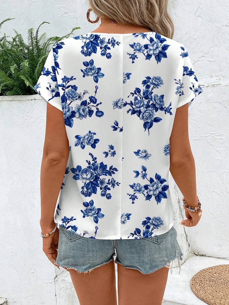 MyWesternMulticolor Soft Fabric Floral Print Rolled-Up Short Sleeves Round Neckline Relaxed Fit Top For Women & Girls WesternLove