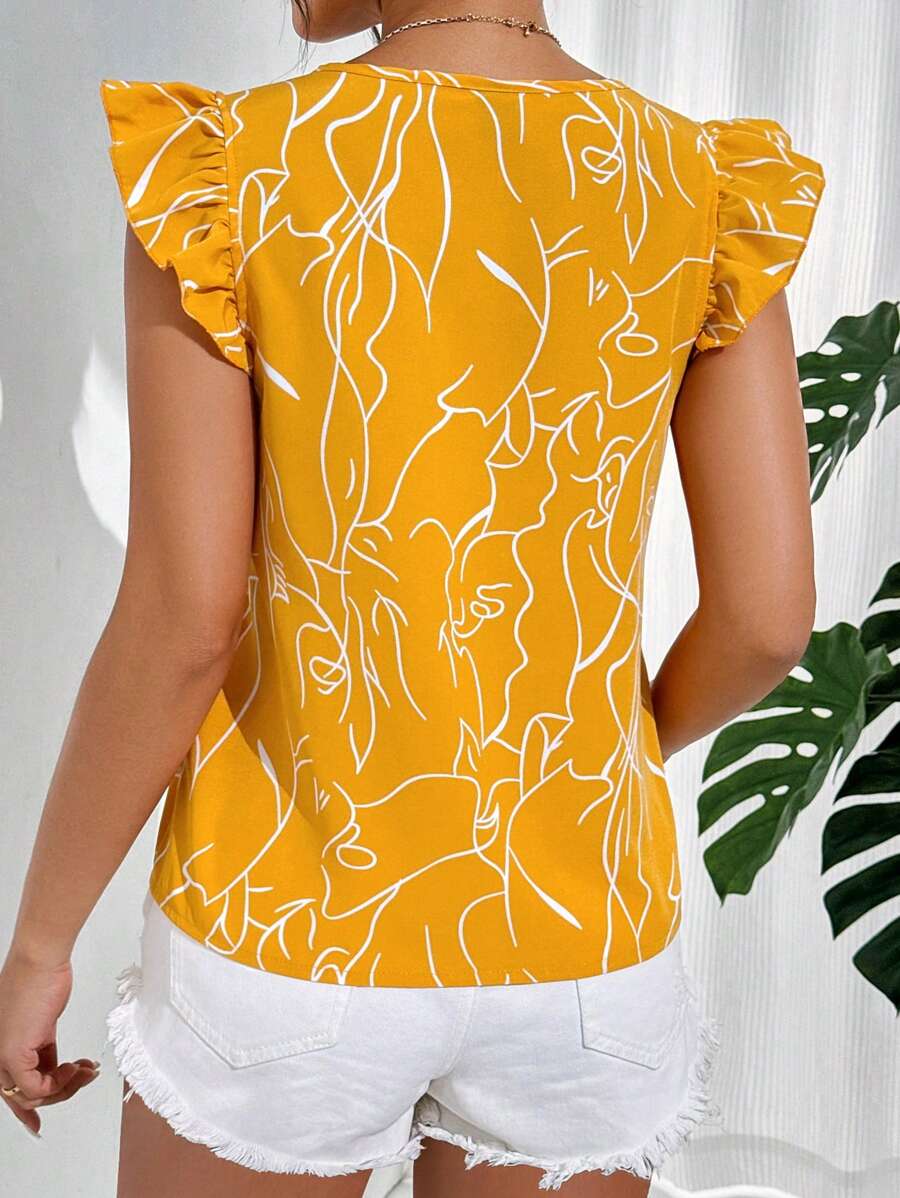 MyWesternYellow Soft Fabric Abstract Stripe Print Rolled-Up Short Sleeves Round Neckline Relaxed Fit Top For Women WesternLove