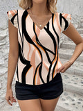 Multicolor Soft Fabric Abstract Stripe Print Rolled-Up  Relaxed Fit Top For Women & Girls WesternLove