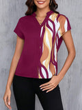 MyWesternMaroon Artistic Abstract Print Rolled-Up Short Sleeves Round Neck Top WesternLove