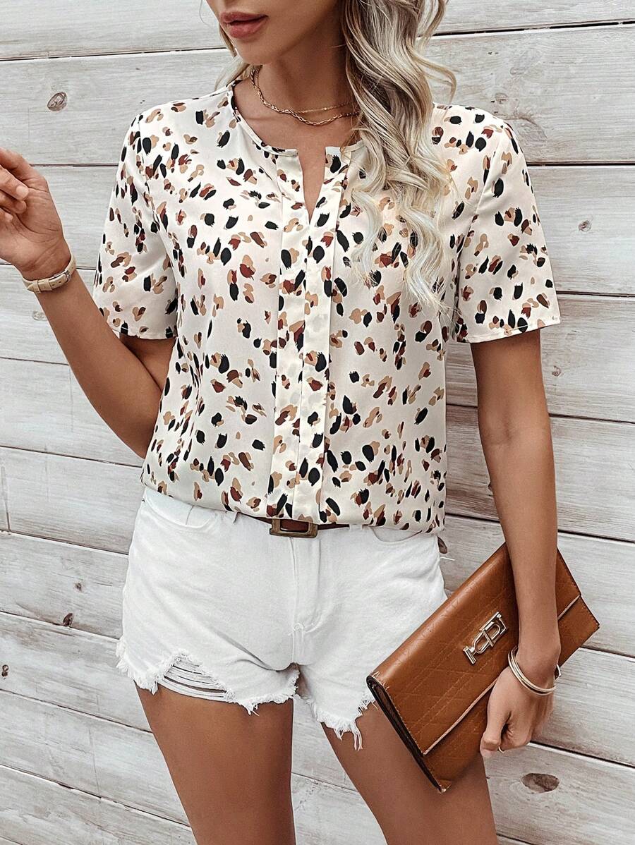 MyWesternWhite Soft Fabric Abstract Stripe Print Rolled-Up Short Sleeves Round Neckline Relaxed Fit Top For Women & Girls WesternLove