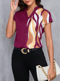 MyWesternMaroon Artistic Abstract Print Rolled-Up Short Sleeves Round Neck Top WesternLove