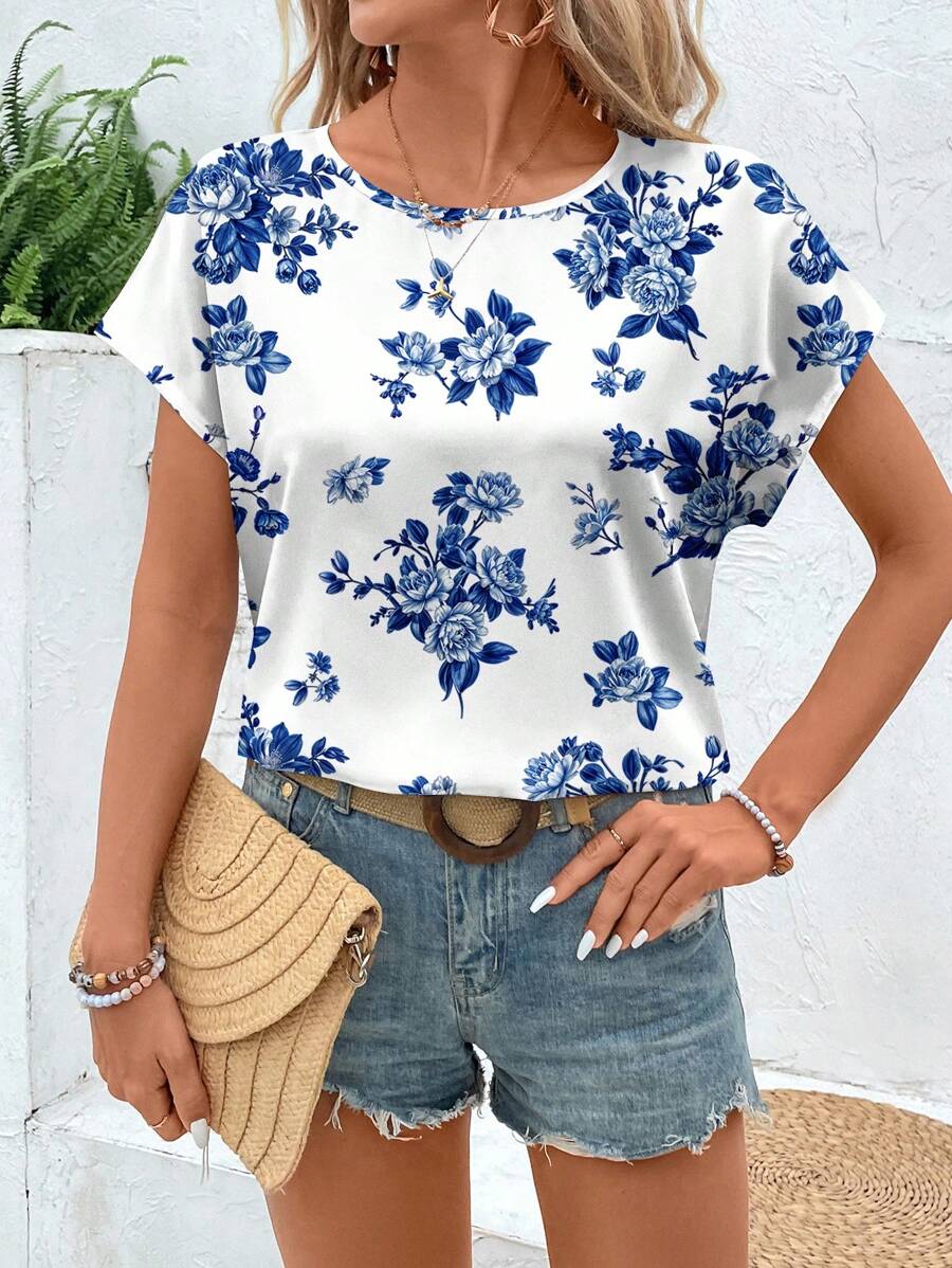MyWesternMulticolor Soft Fabric Floral Print Rolled-Up Short Sleeves Round Neckline Relaxed Fit Top For Women & Girls WesternLove
