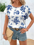 MyWesternMulticolor Soft Fabric Floral Print Rolled-Up Short Sleeves Round Neckline Relaxed Fit Top For Women & Girls WesternLove