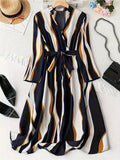 My Western Abstract Print Surplice Neck Belted Dress, Casual Long Sleeve Dress My Western